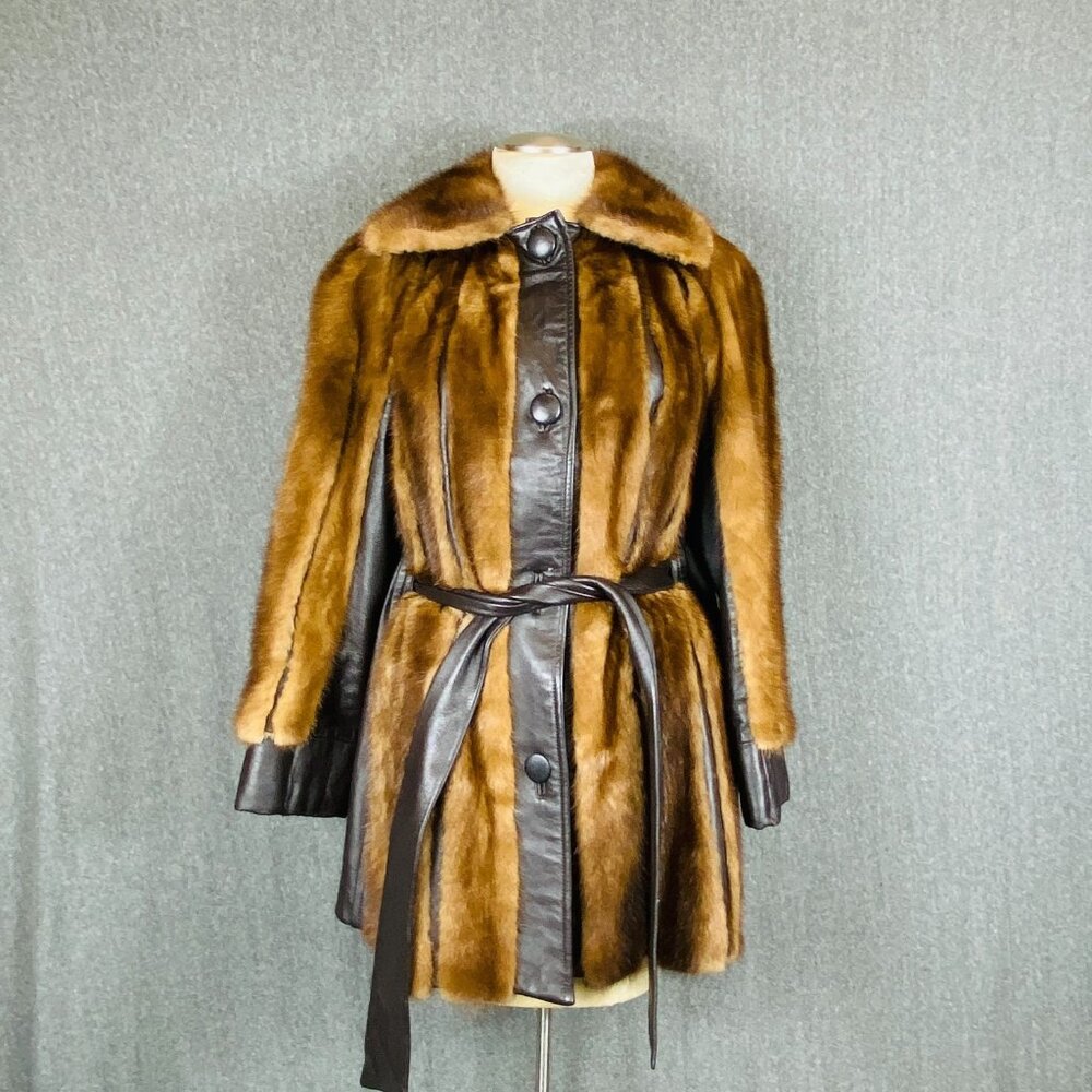 Vtg Mr. Leonard Jacket Women Brown Fur Leather Belted Waist Classic 70’s
